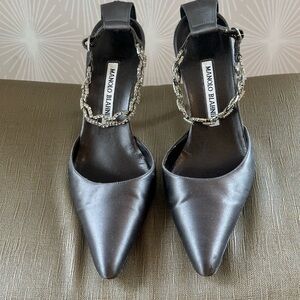 Manolo Blahnik grey silk with gorgeous ankle strap - size 37.5 - fits size 7